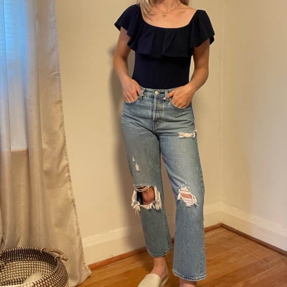 Navy Bodysuit w Ruffle Detail - Picture 3 of 9